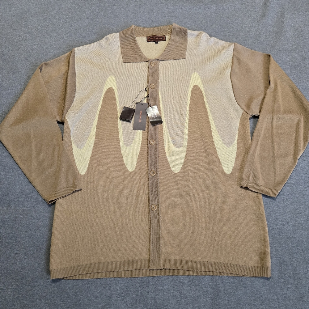 New CREME DE SILK Vintage Beige Silk Blend Mens Knit Shirt 3X Color Block Wave
